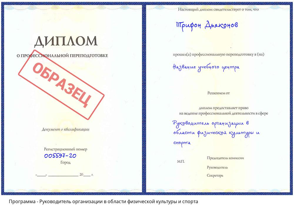 Руководитель организации в области физической культуры и спорта Тверь