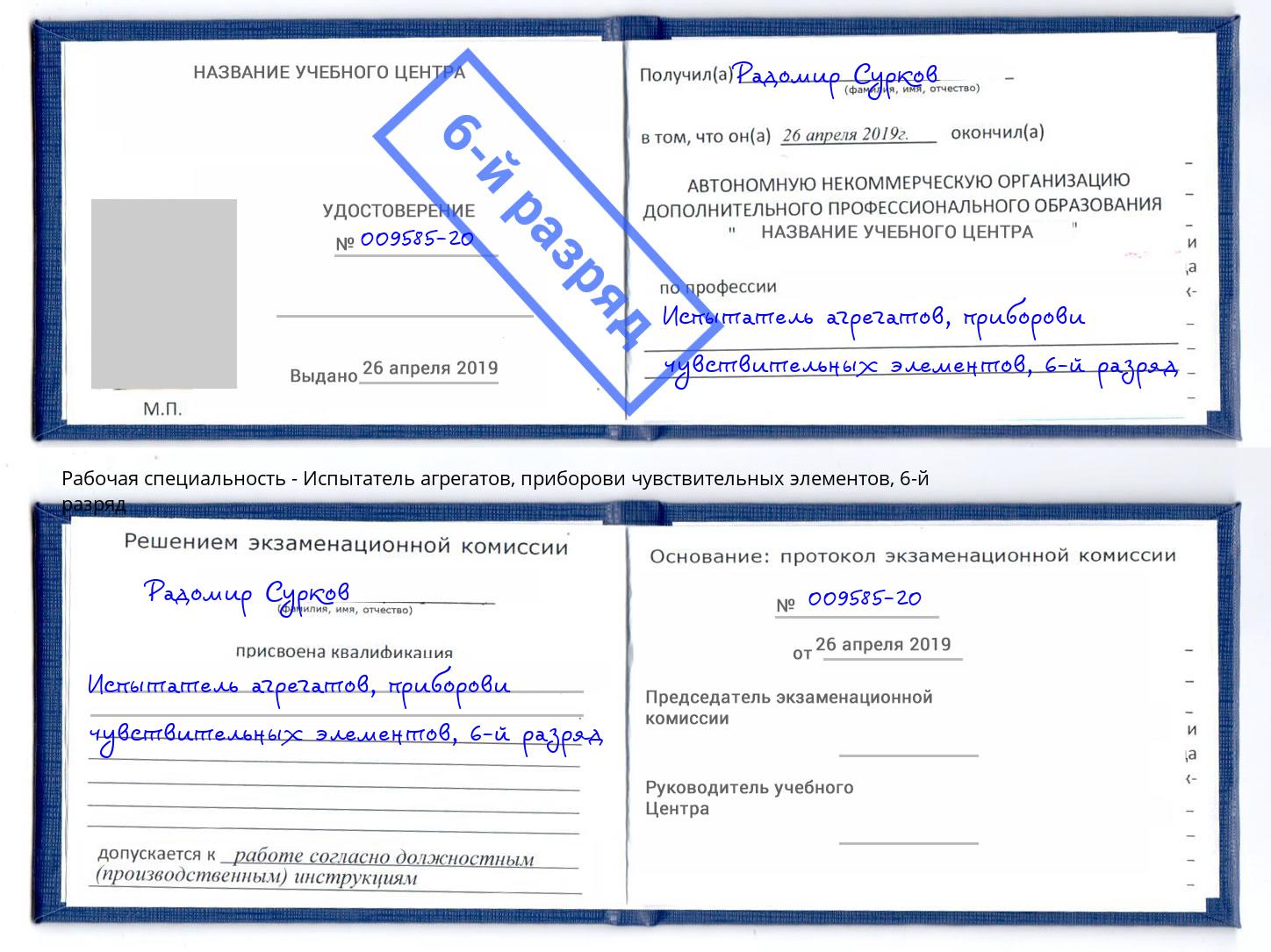 корочка 6-й разряд Испытатель агрегатов, приборови чувствительных элементов Тверь