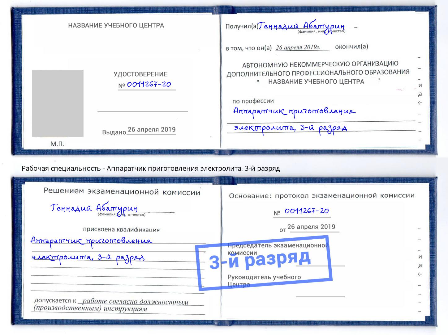 корочка 3-й разряд Аппаратчик приготовления электролита Тверь