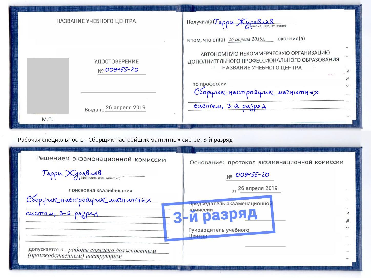 корочка 3-й разряд Сборщик-настройщик магнитных систем Тверь