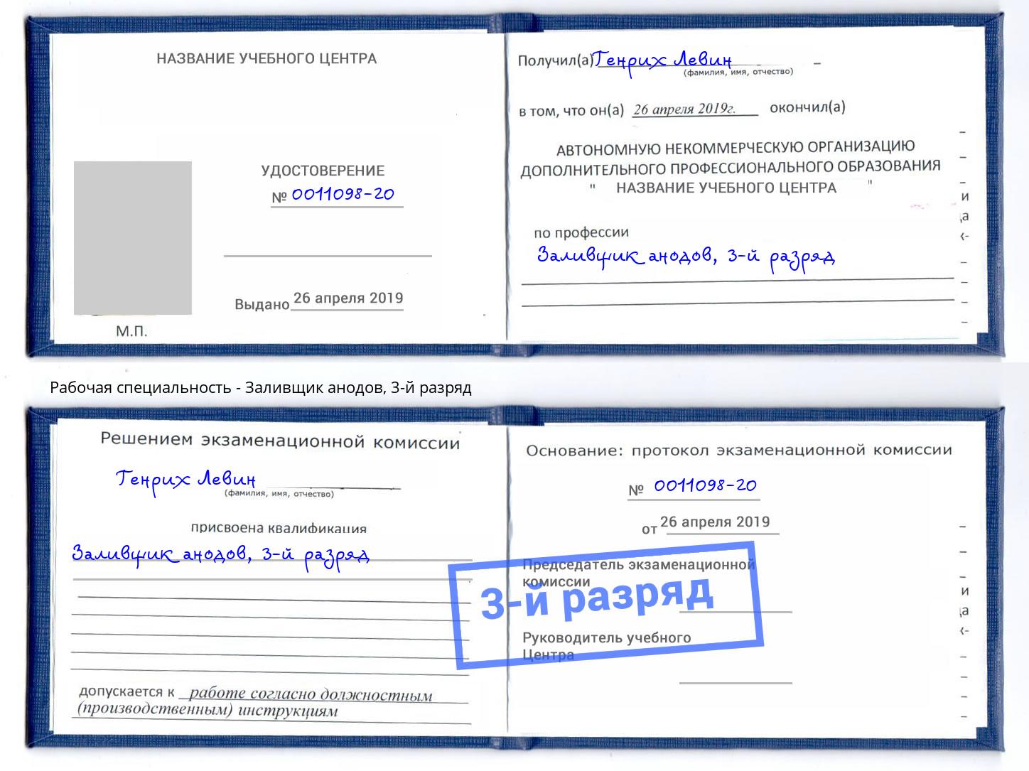 корочка 3-й разряд Заливщик анодов Тверь
